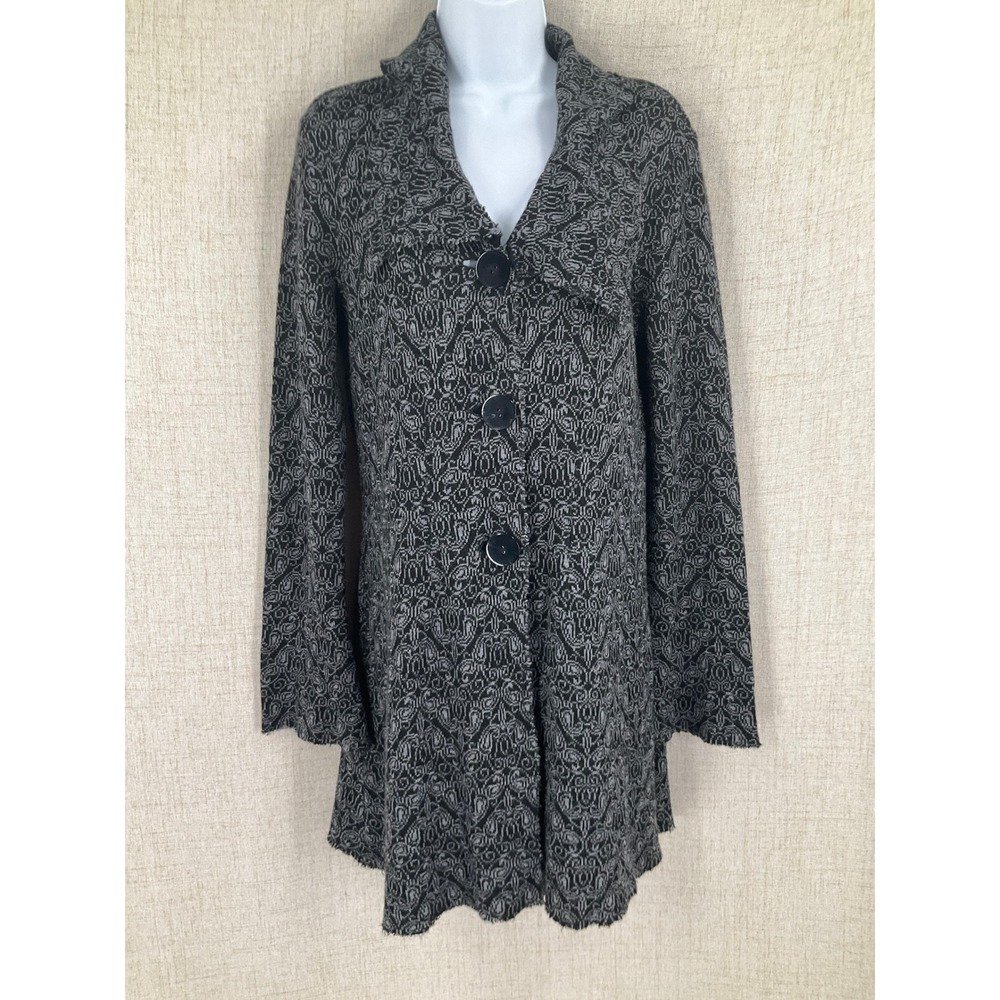 Nine West Cardigan Sweater Womens M Black Wool Blend Damask Jacquard Classic VTG